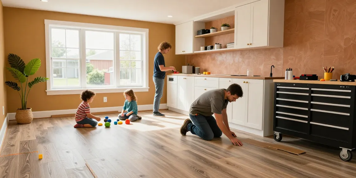 Bright Oakville basement renovation with a contractor installing vinyl flooring while a family inspects the stylish decor in the new space.