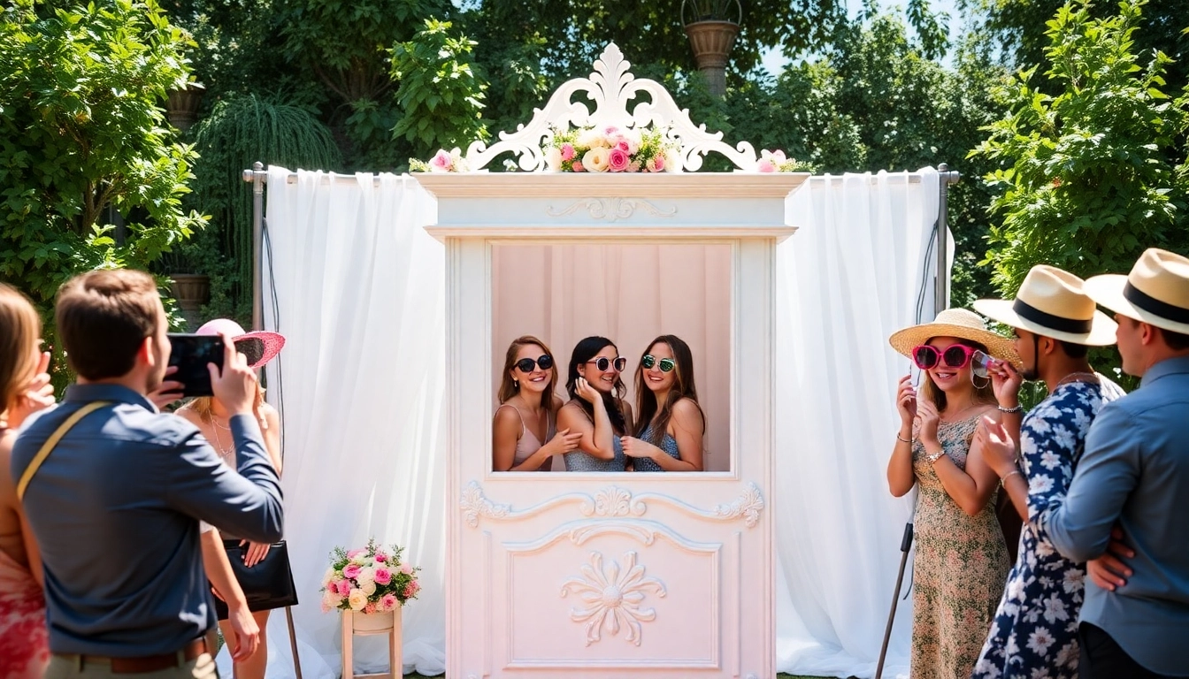 Guests enjoying a photo booth rental experience at a wedding, capturing joyful moments.