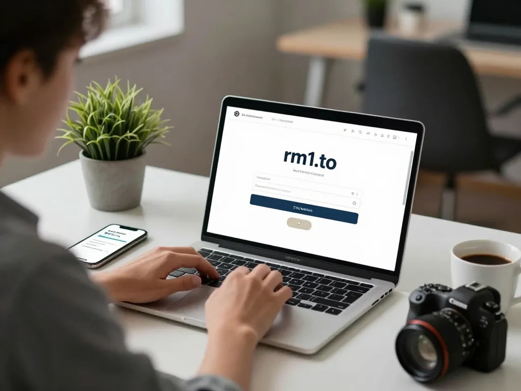 User performing rm1.to login on a sleek laptop in a modern workspace, emphasizing secure online access.