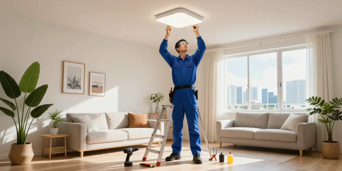 Electrician in Singapore installing ceiling light fixture in a modern home setting