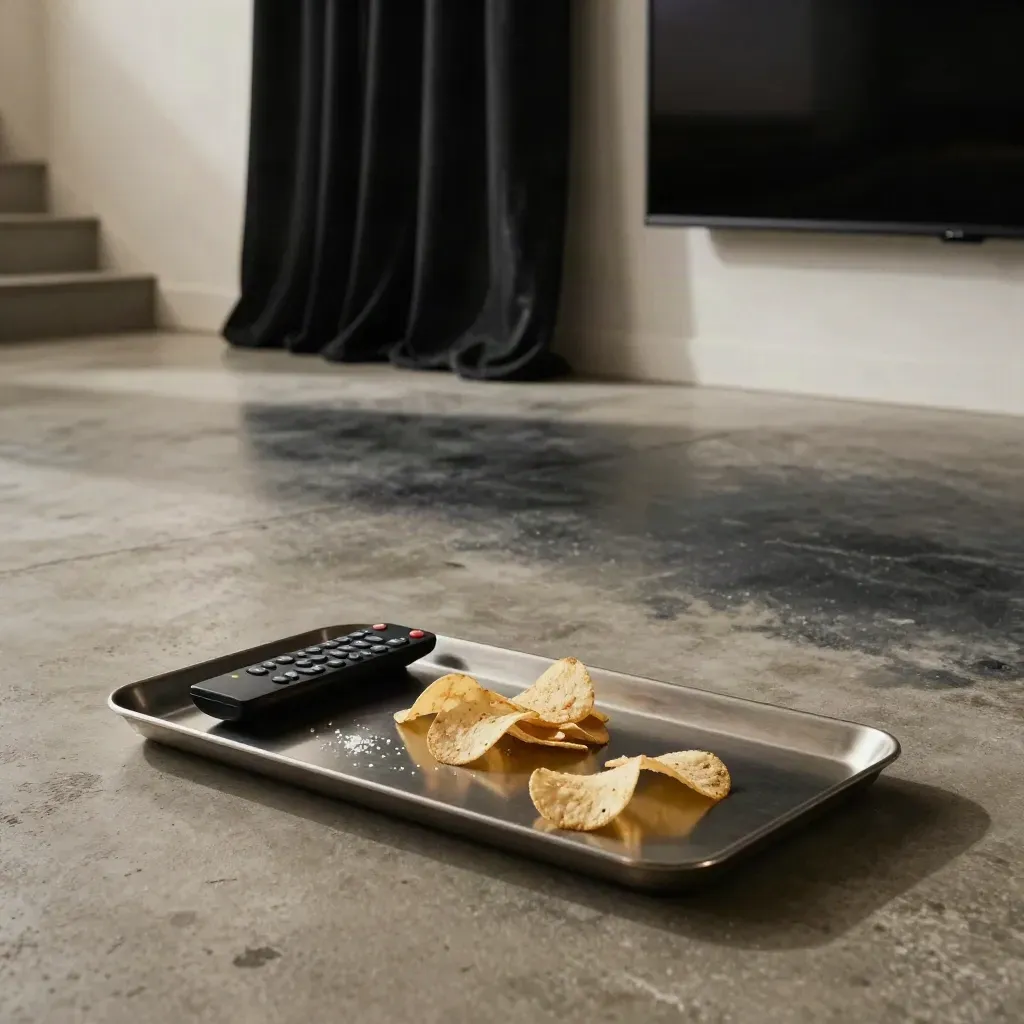 Basement den at midnight with a snack tray, remote, blackout curtains, and TV glow on concrete.