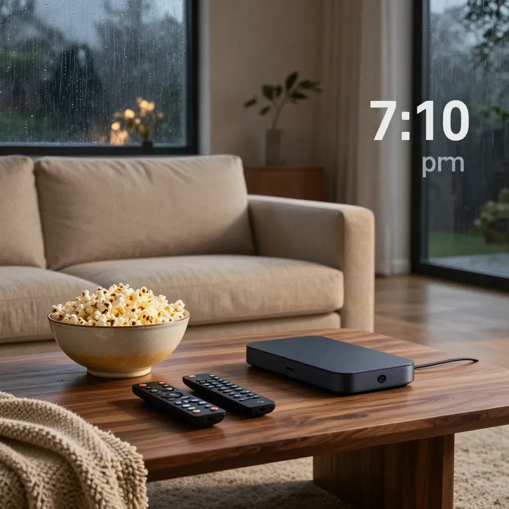 Rainy living-room with popcorn bowl, remotes, throw, streaming box and TV glow.