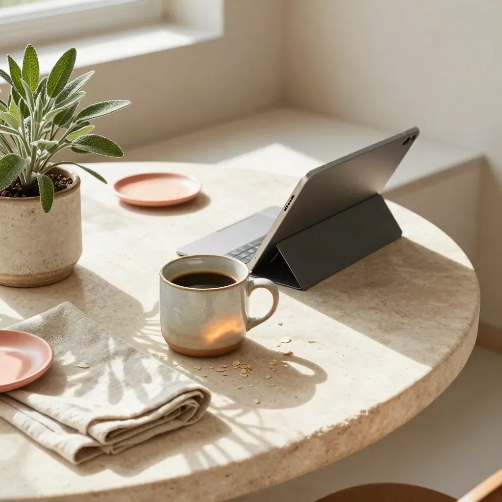 Breakfast nook still life with tablet dock, mug, linen cloth and small plant in warm window light.