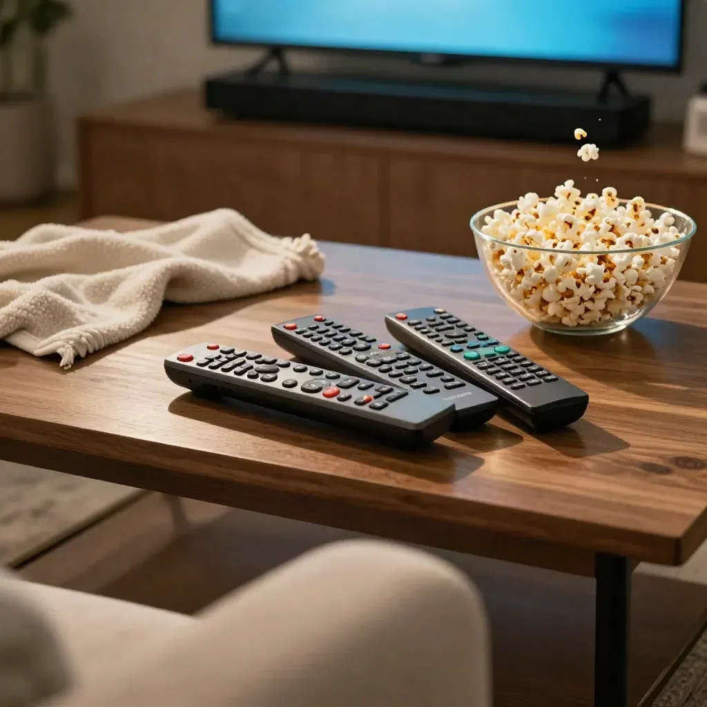 Three remotes, popcorn bowl, throw and soundbar in a moody family room with blue TV glow.