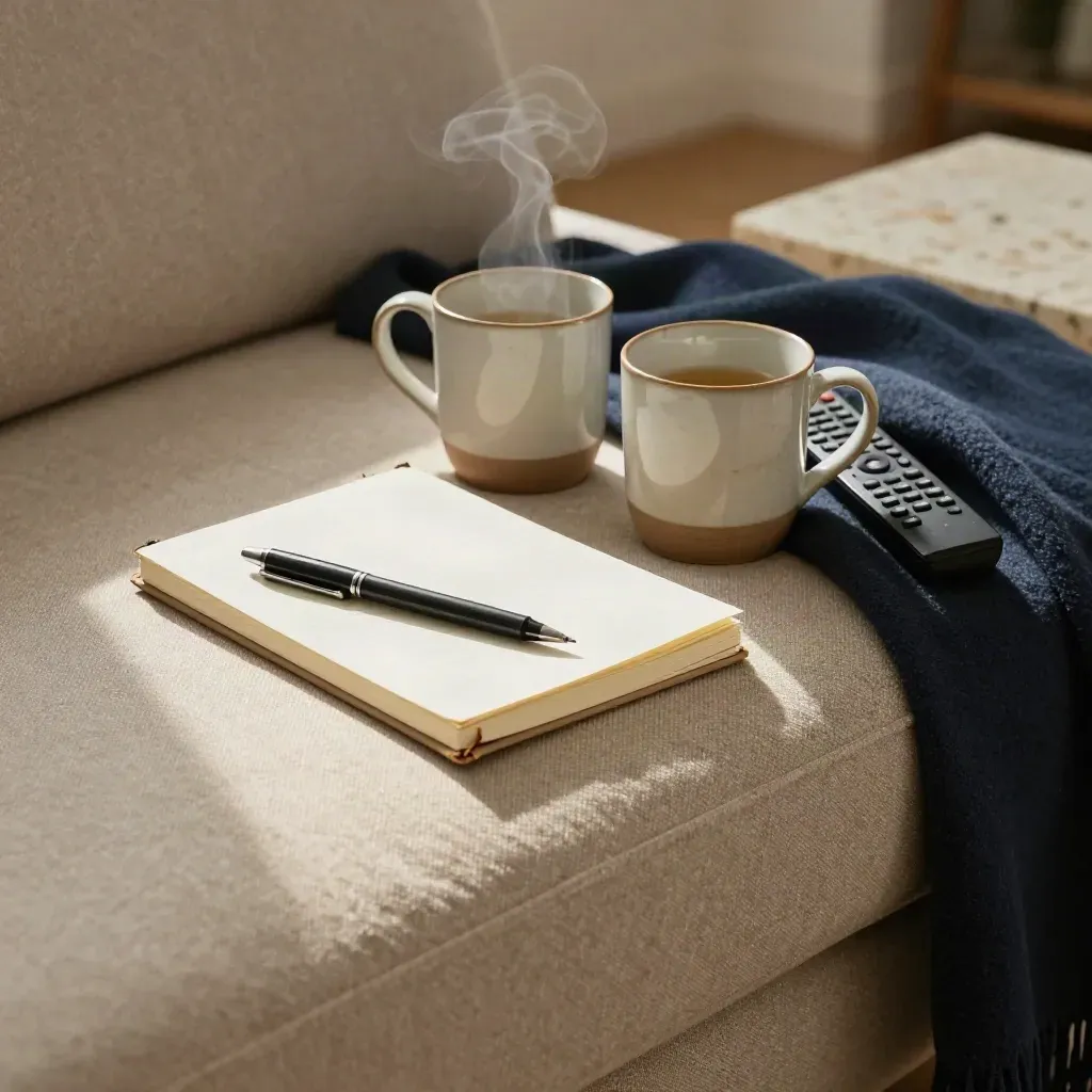 Closed notebook, mugs, remote and navy throw on a sunlit couch after watching TV.