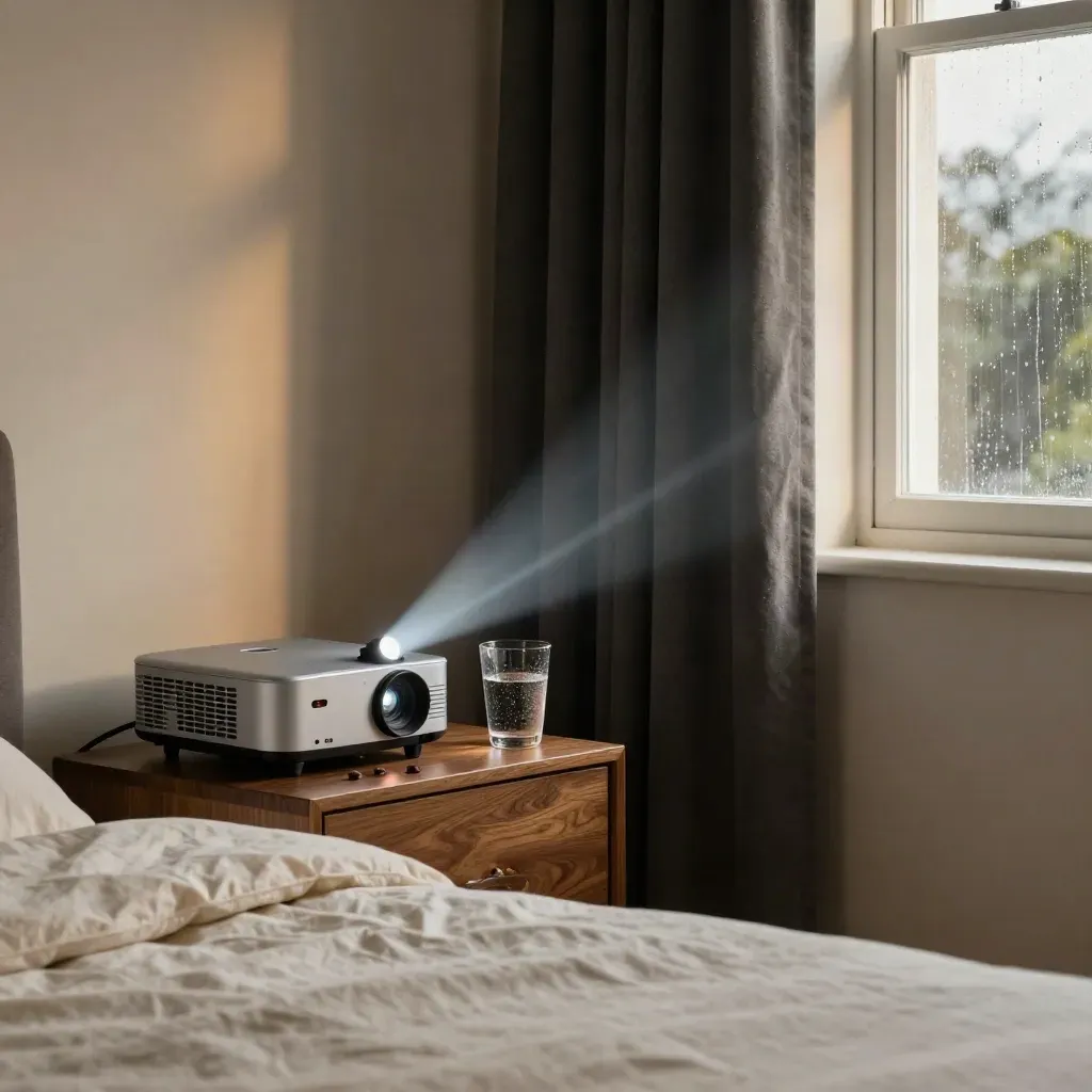 Late-night bedroom projector beam, rain at the window, snacks and water beside the bed.