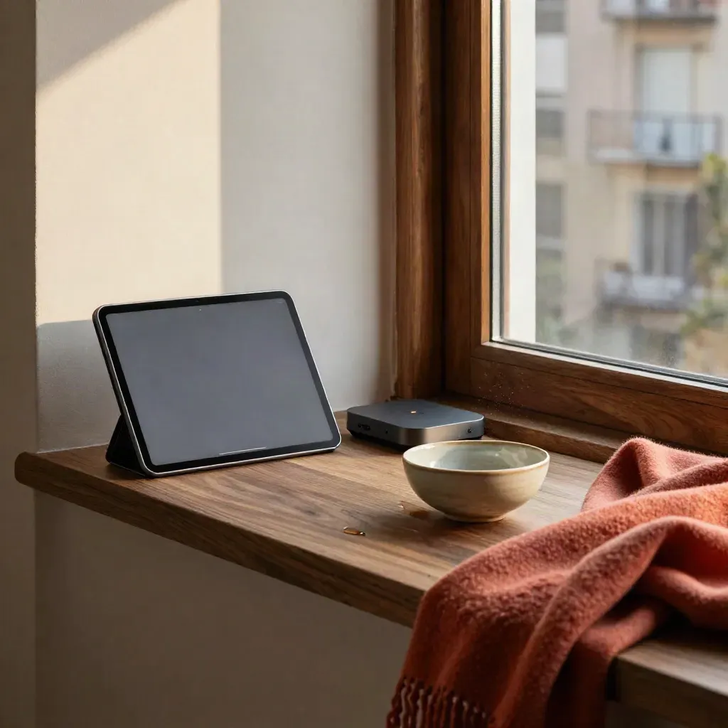 Cozy window-seat still life with tablet, coral throw, bowl, and streaming box in late sun.