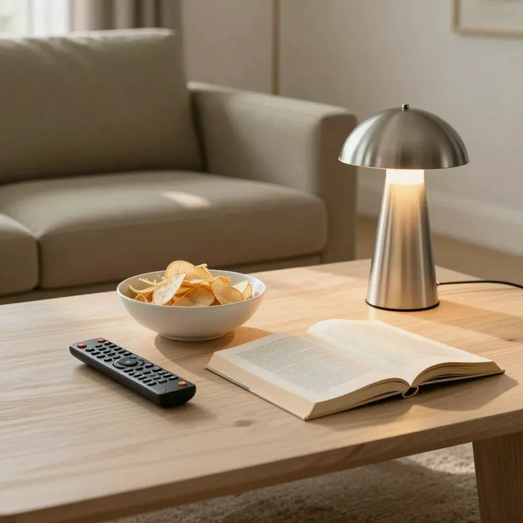 Coffee table with remote, chips, face-down paperback and lamp in warm evening light.