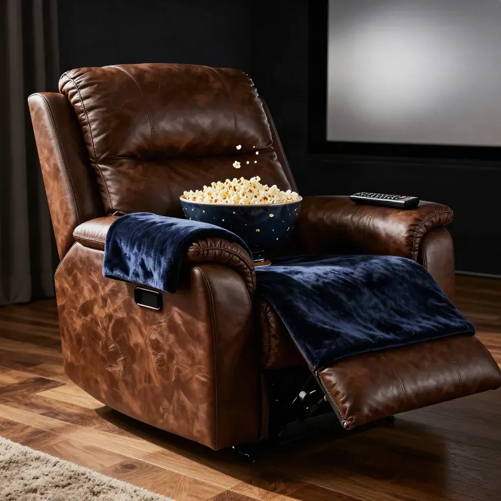 Home-theater recliner corner with popcorn bowl, remote cradle and dark screen glow.
