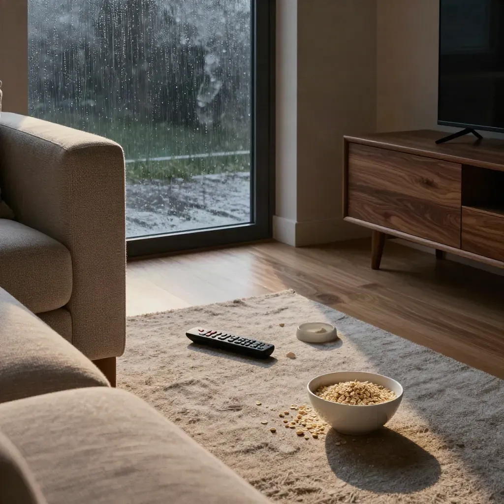 Rainy living room with remote and popcorn bowl by a frosted window, awaiting a movie pick.
