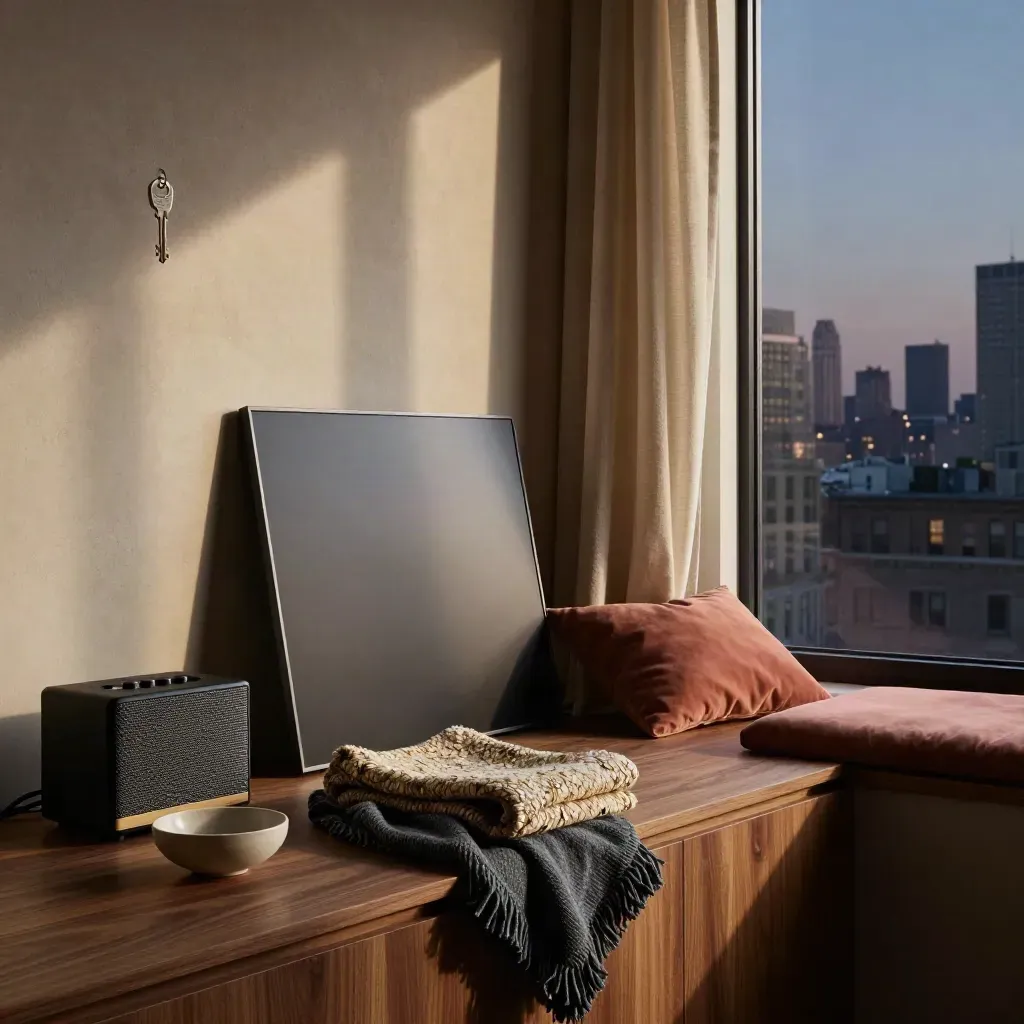 Dim apartment nook with dark screen, blanket, speaker, and evening light by an open window.