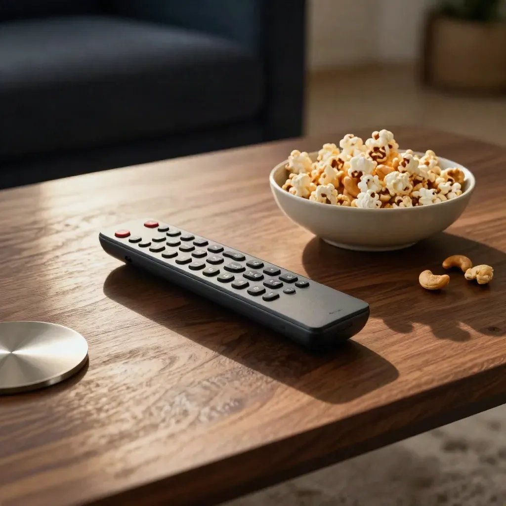 Matte remote and snack bowl on a polished walnut coffee table with TV glow reflected in the wood.