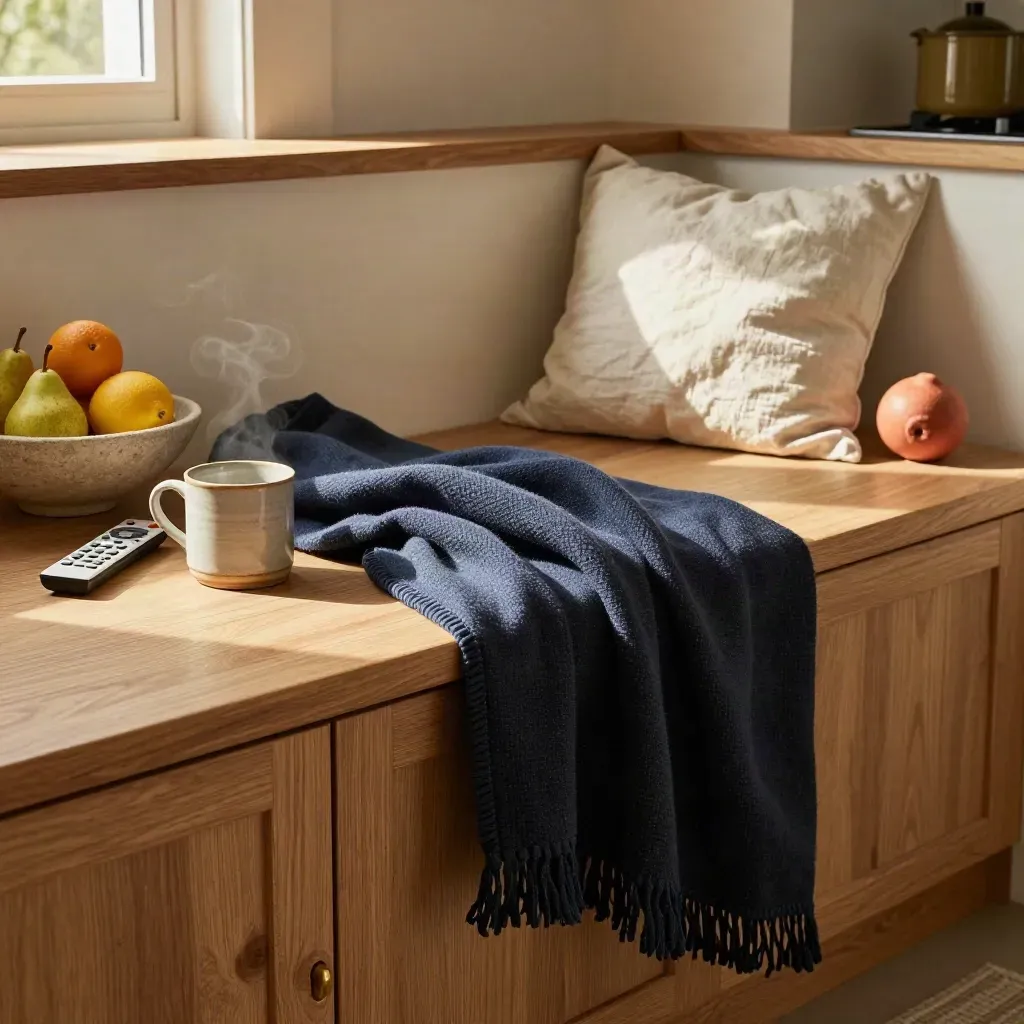 Sunlit kitchen banquette with mug, remote, fruit bowl and navy throw