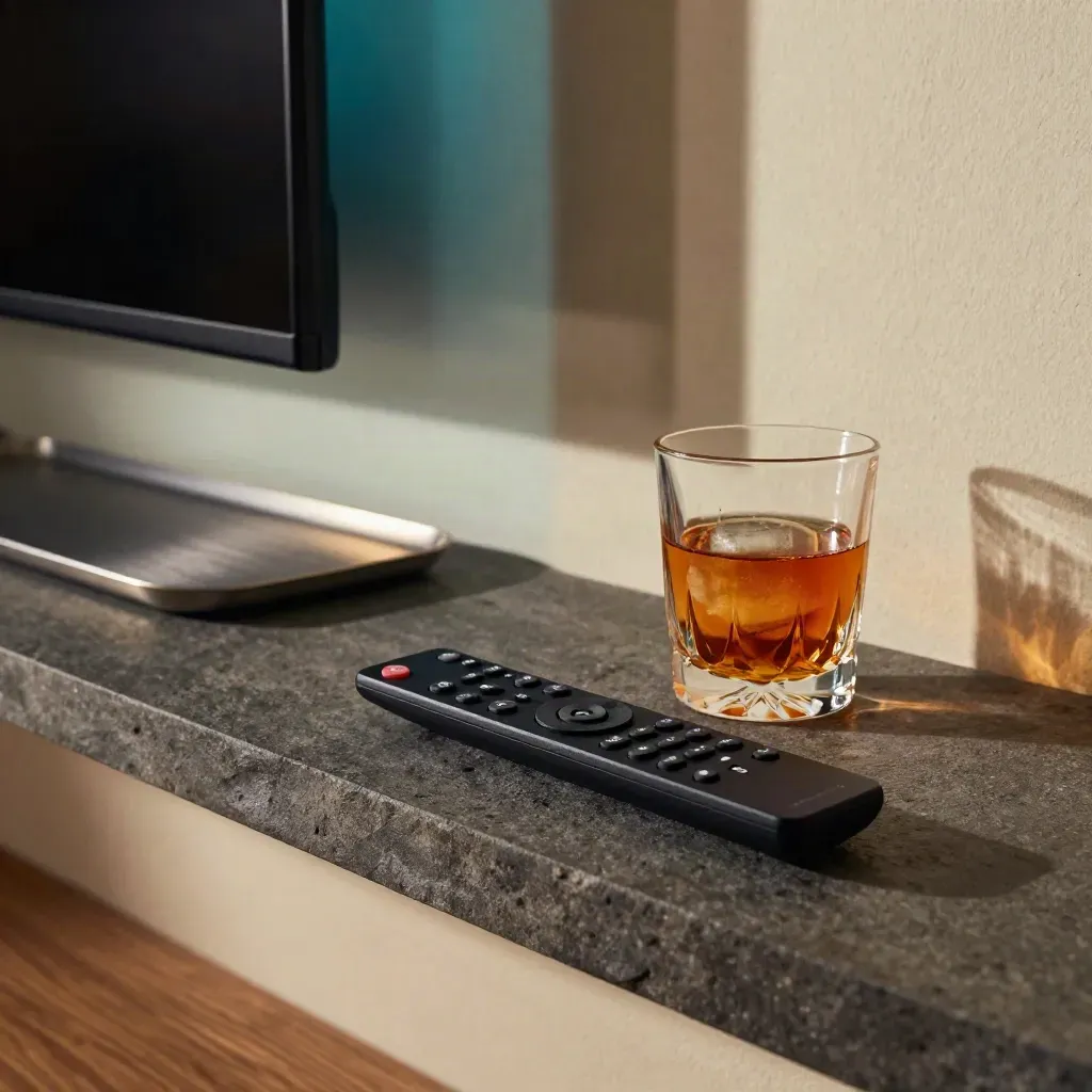 Remote and half-finished drink in a dark media nook washed with a cyan TV glow