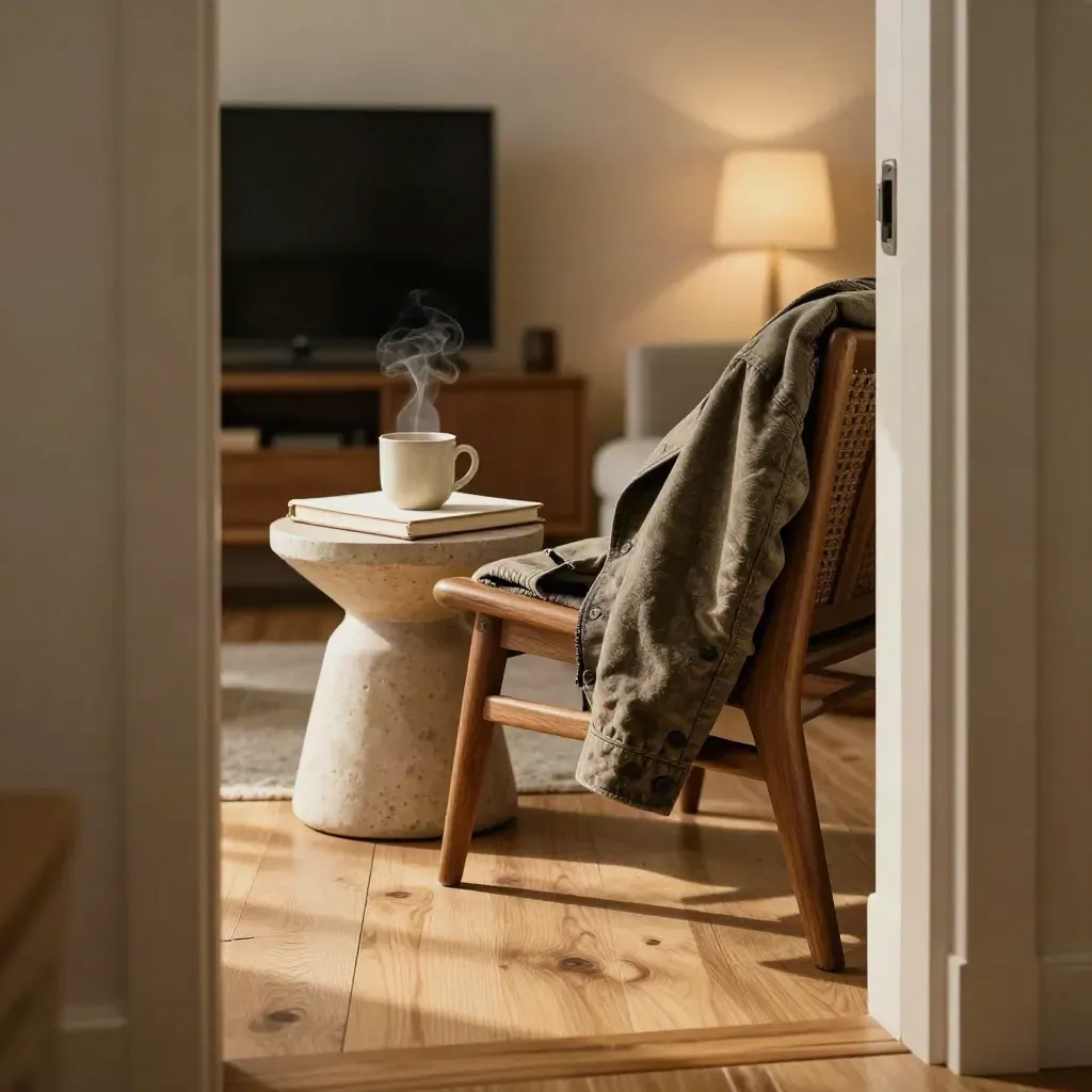 Cozy reading corner with notebook, mug, jacket and TV glow in the next room.