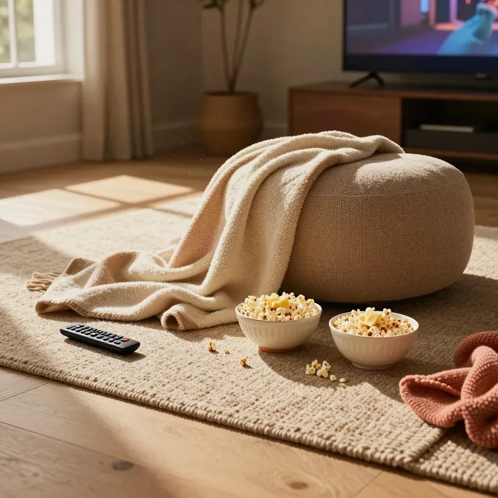 Cozy movie-night living room floor with blankets, popcorn bowls, remote, and a soft ottoman.
