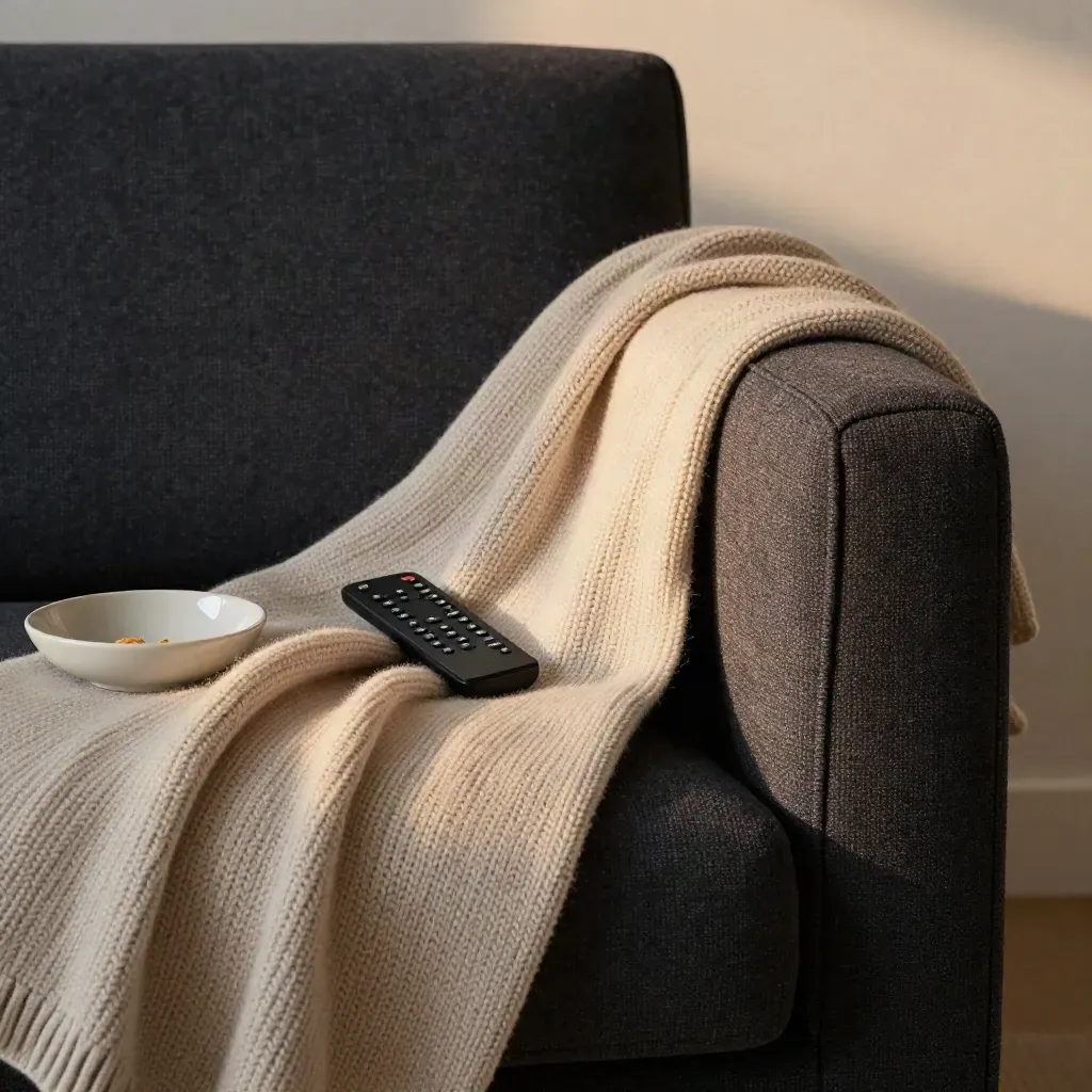 Remote, snack bowl, phone and knit throw on a sofa arm at midnight.
