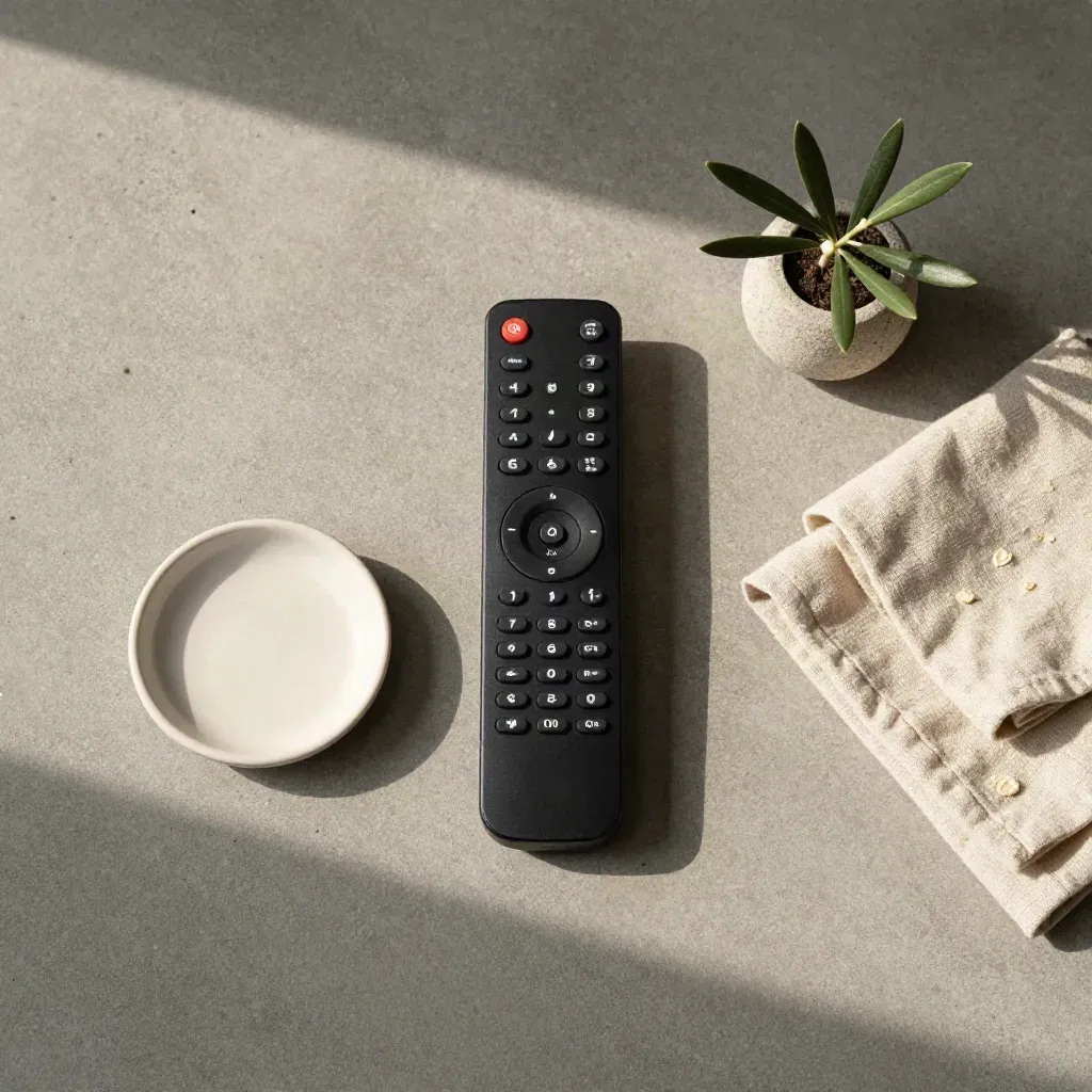 Top-down flatlay of a black remote with ceramic dish, linen cloth and olive plant on concrete.