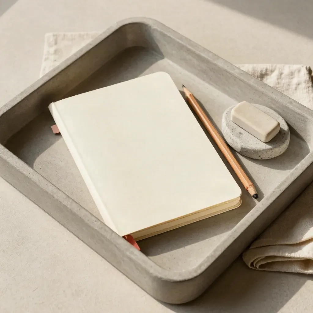 Cream recap notebook, pencil and stone dish on a concrete tray with folded cloth.