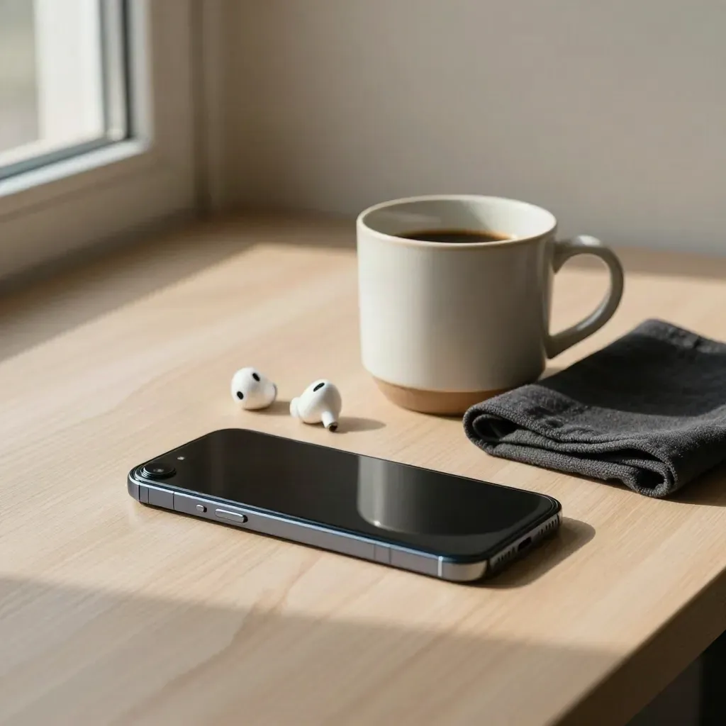 Face-down phone, earbuds, coffee cup, and cloth on pale wood in soft window light.