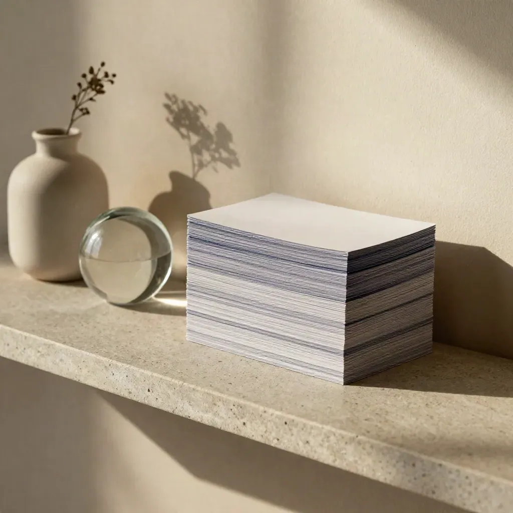 Blank index cards, glass paperweight, and a small sprig on a stone shelf.