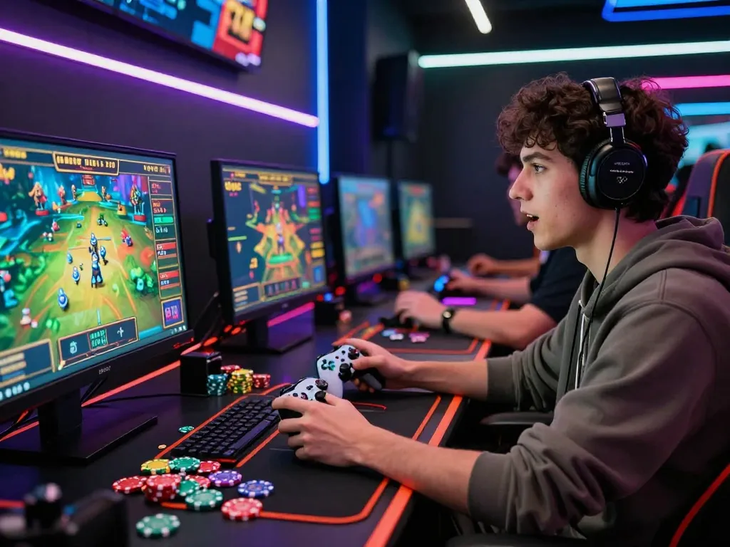 Engaged player in a sun win online gaming setup, showcasing vibrant graphics and tokens, excited atmosphere.