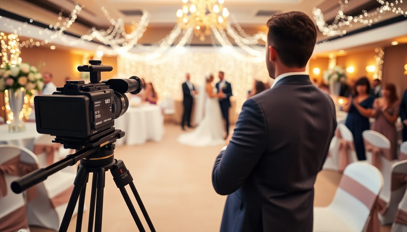 Capture of event videography services during a wedding reception, highlighting a happy couple dancing.
