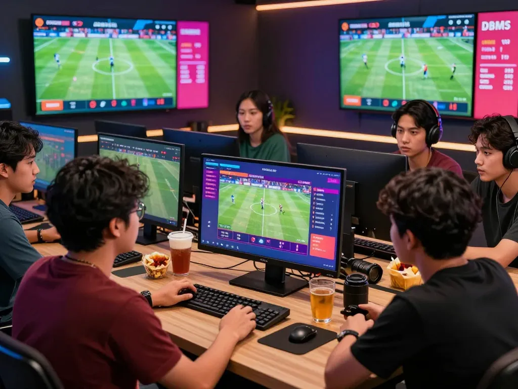 Enthusiastic bettors analyzing Judi Bola odds on a vibrant online sports betting platform.