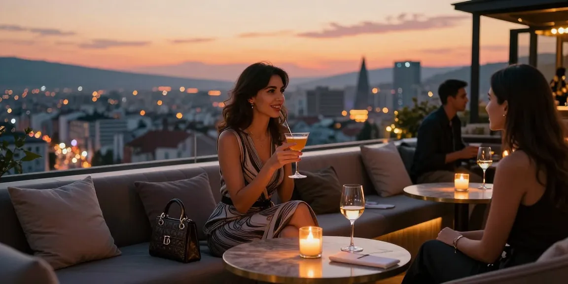 Kocaeli escort enjoying the elegant nightlife in an upscale rooftop bar, capturing the essence of exclusive experiences.