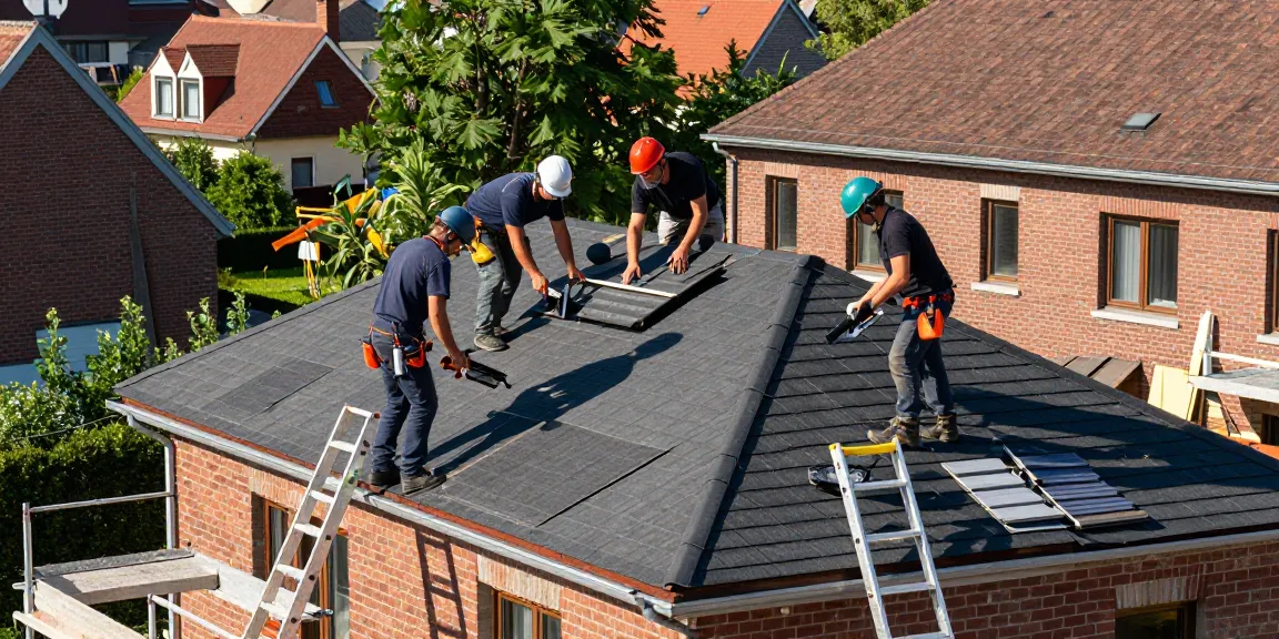 Liège. Spécialiste de la toiture, skilled roofer installing high-quality roofing at a residential site in Liège, highlighting craftsmanship.