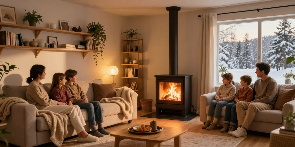 Family enjoying warmth from stylish stove in cozy living room of izba24.by