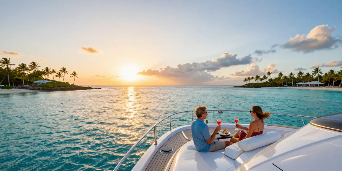 Boat rental Punta Cana scene with luxury yacht sunset, couple enjoying drinks on deck.