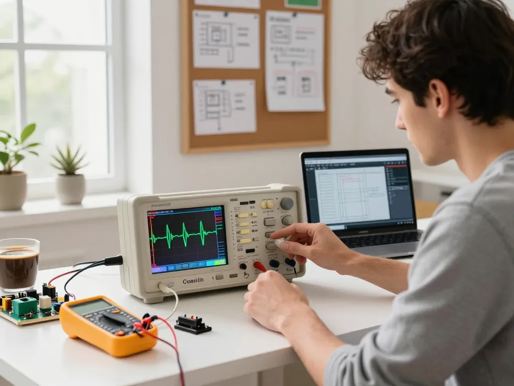 Beginner-friendly oscilloscope in a modern workspace, showcasing tools and projects for electronics.