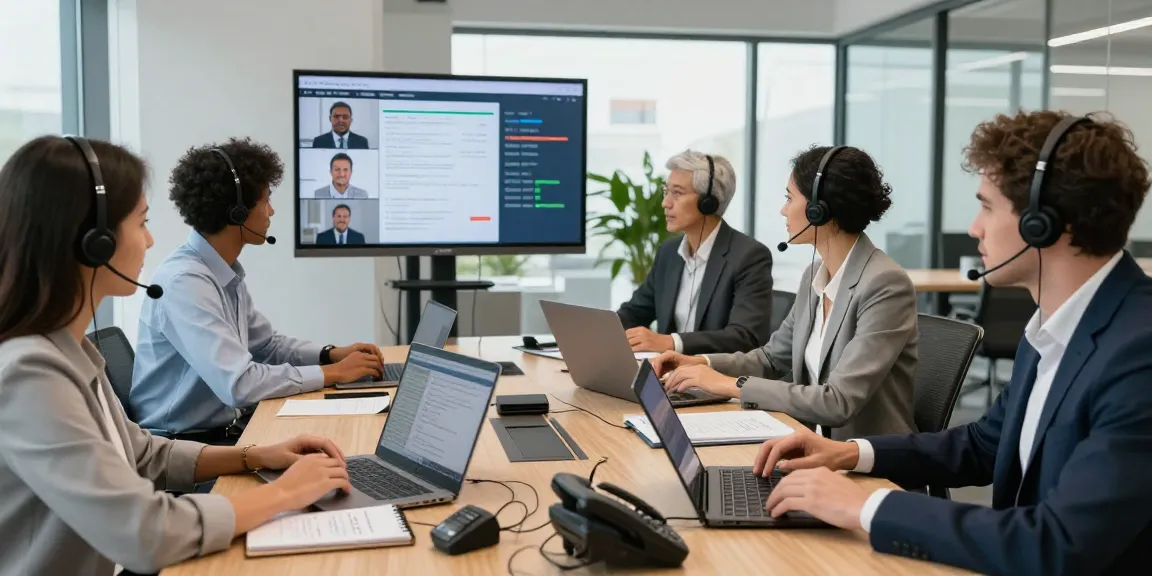 Team collaborating with modern headsets and VoIP phones at Telecomshop.nl for effective communication.