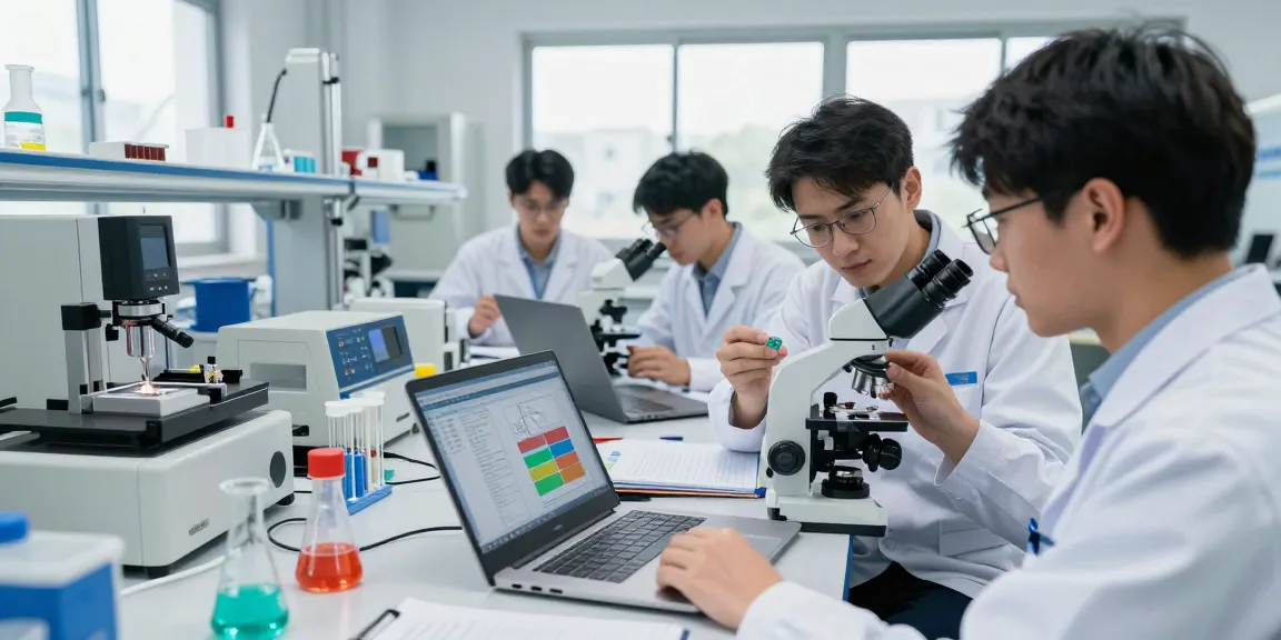 Engineers analyzing polymer expandable microspheres in a bright lab, showcasing collaboration and innovation in material science.