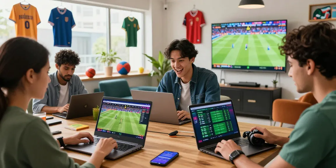 Engaged bettors exploring maahadevboook.com in a vibrant sports-themed setting, analyzing live odds and statistics.