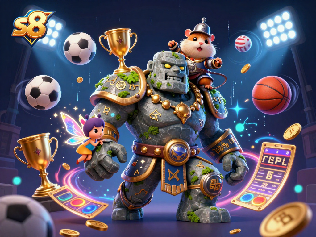 Engage in thrilling gambling with s8, featuring a golem and knight amidst dynamic sports elements.
