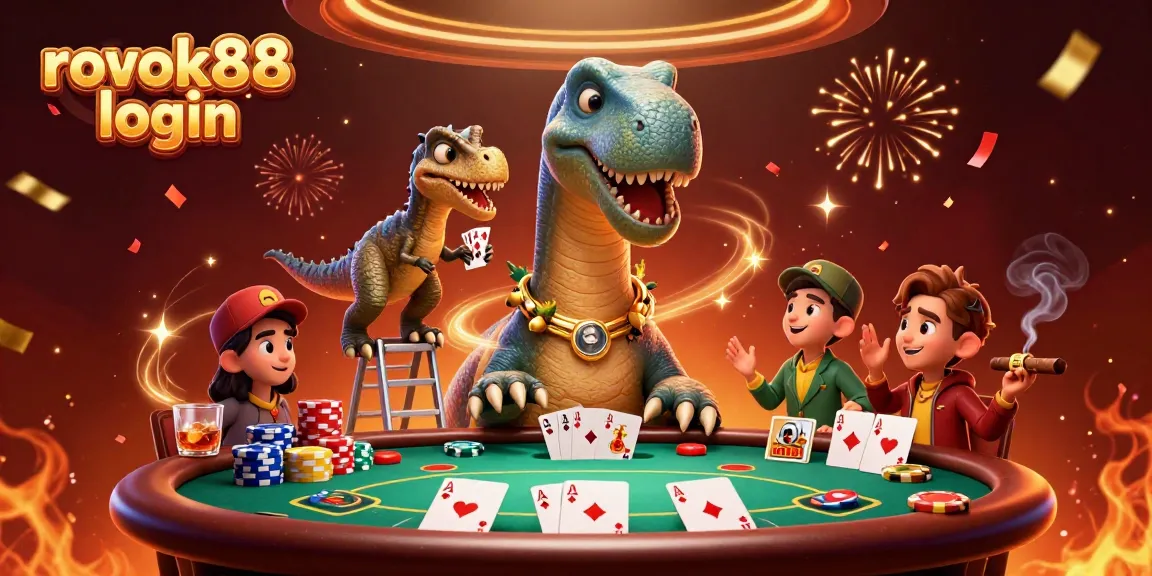 Experience the excitement of rokok88 login with a brontosaurus and raptor at a vibrant casino.