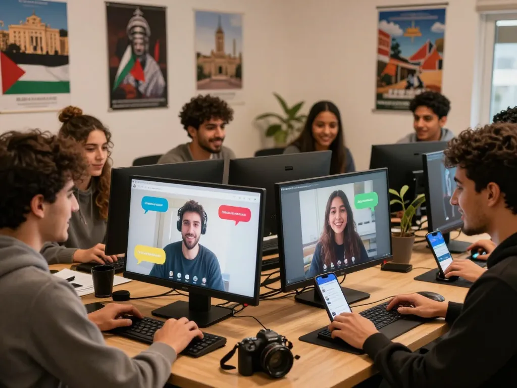 Diverse group enjoying دردشة فلسطين in a vibrant virtual chat room.