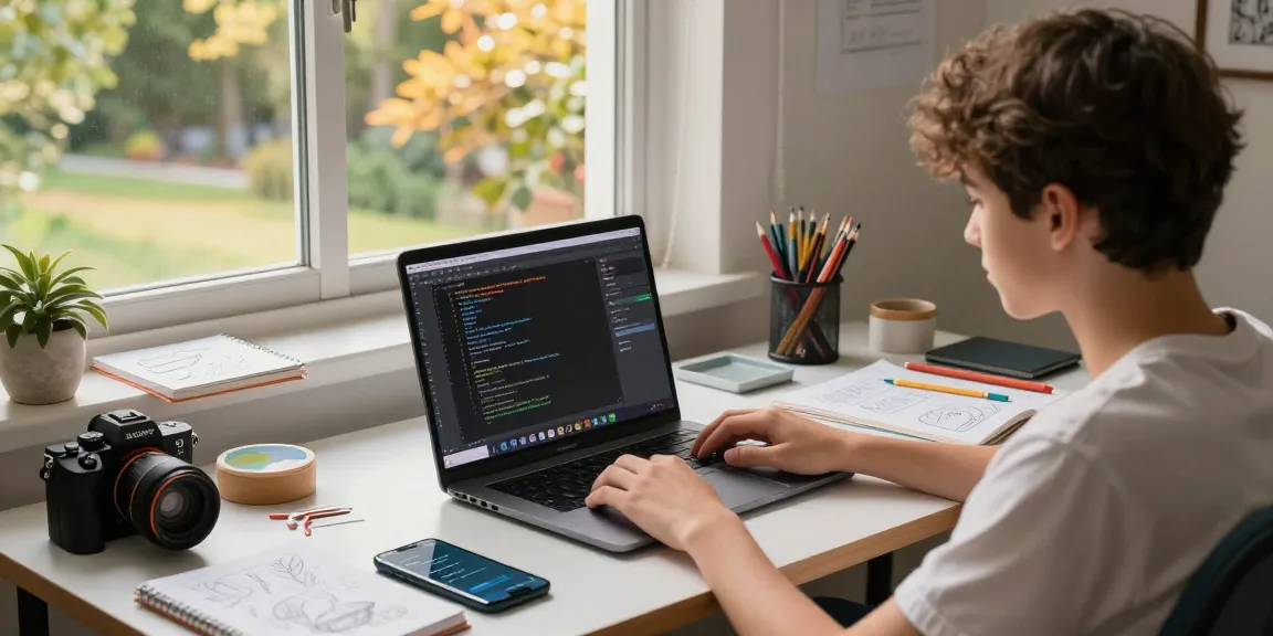Young digital creator at desk showcasing dejny.eu's blend of technology and art.