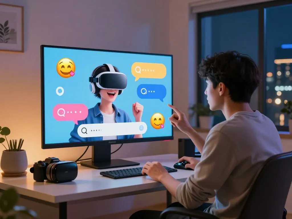 Engaging user exploring porn ai chat with vibrant digital interface in cozy room.