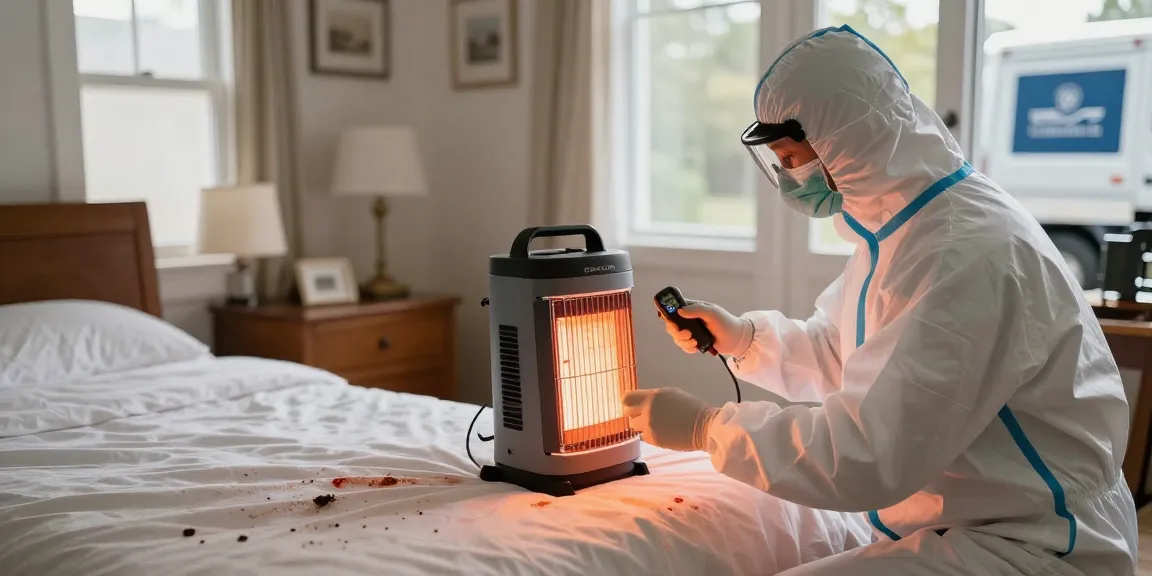 Technician performing bed bug heat treatment to eliminate pests effectively while ensuring client comfort.