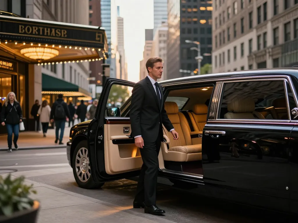 Limo company Plainfield IL - Luxurious limousine service outside a Chicago hotel, showcasing elegance and sophistication.