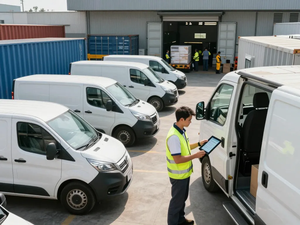 Time critical logistics scene depicting a professional driver loading a clean van at a busy transport hub.