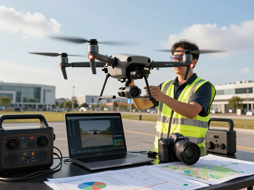 Operating the DJI Matrice 350 drone in an urban landscape, showcasing advanced technology and analytics.