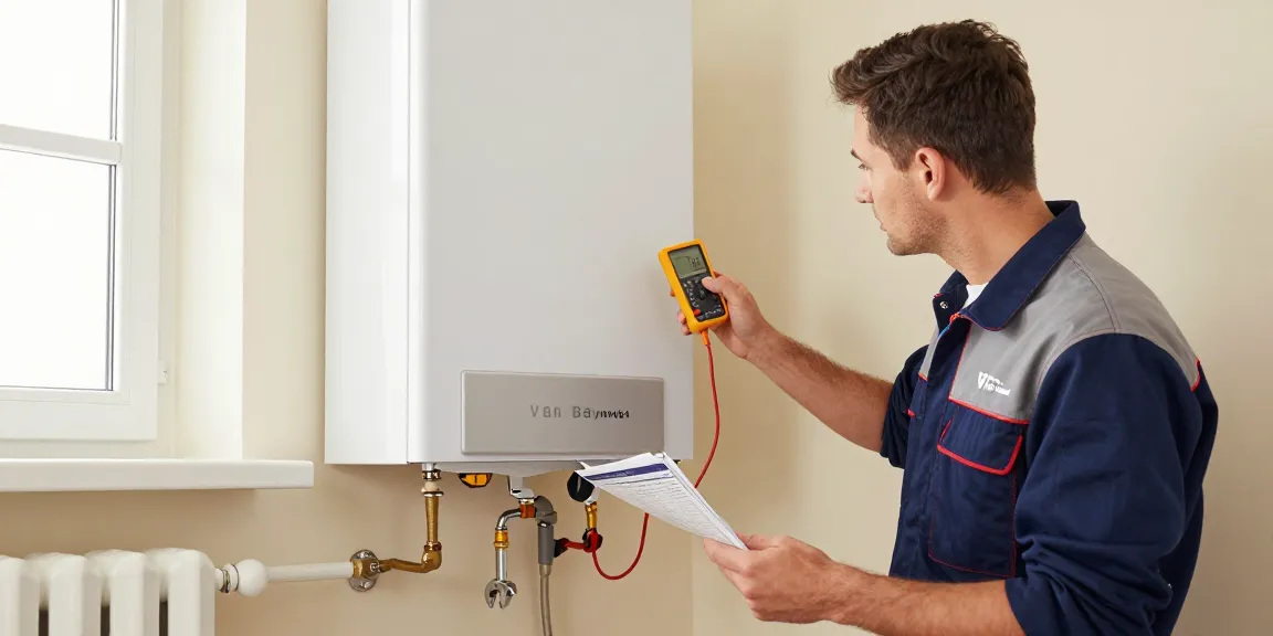 Van baymak servisi technician performing maintenance on a combi boiler, ensuring reliable home heating.