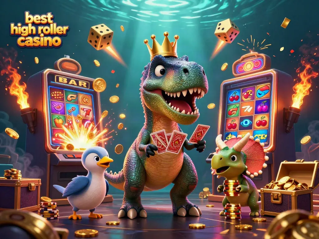 Experience the excitement at the best high roller casino with a playful T-Rex shuffling cards and gaming riches.