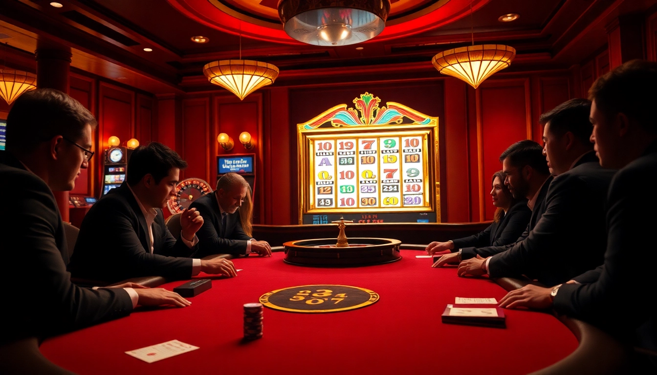 Experience the thrill of gambling at P3.com with a vibrant poker table and slot machines.