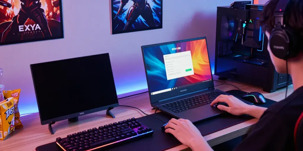 Gamer enjoying ROKOK88 services on laptop with vibrant display