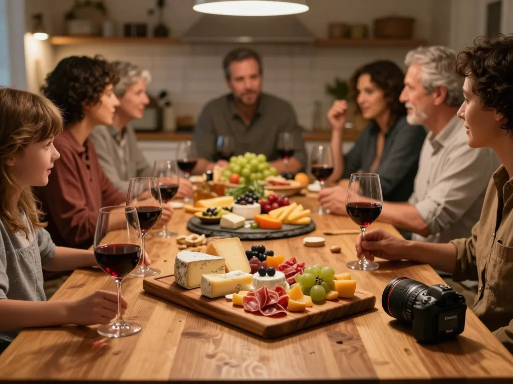 Bespoke personalized walnut wood cheese board for gourmet gifting displayed at a warm, inviting kitchen gathering.